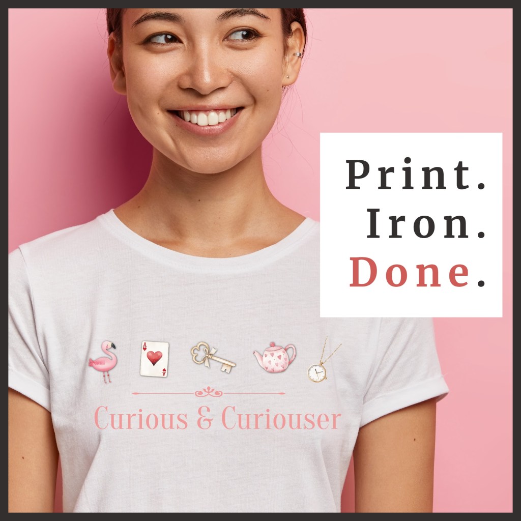 Wonderland inspired artwork featuring red, pink and gold tones. The first line has watercolor sketches of a flamingo, ace of cards, gold key, tea pot, and pocket watch. The bottom line reads Curious & Curoiuser.