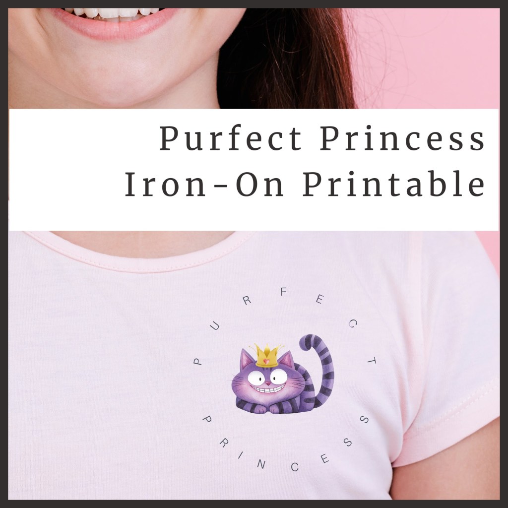 Purple Cheshire cat wears a crown and grins mischievously with the words PURFECT PRINCESS encircling it.