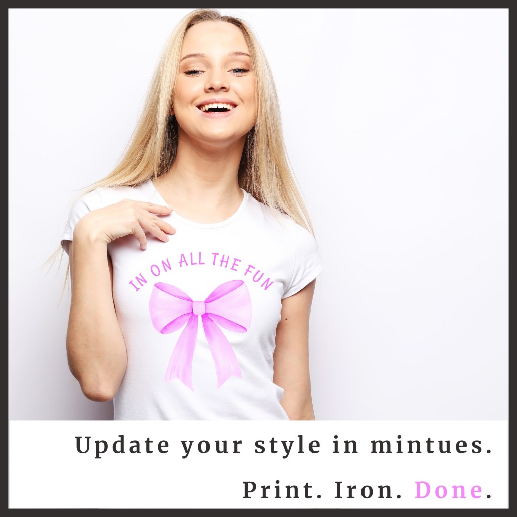 Girl wears a white t-shirt with a large pink croquette bow and the phrase "in on all the fun" above it.